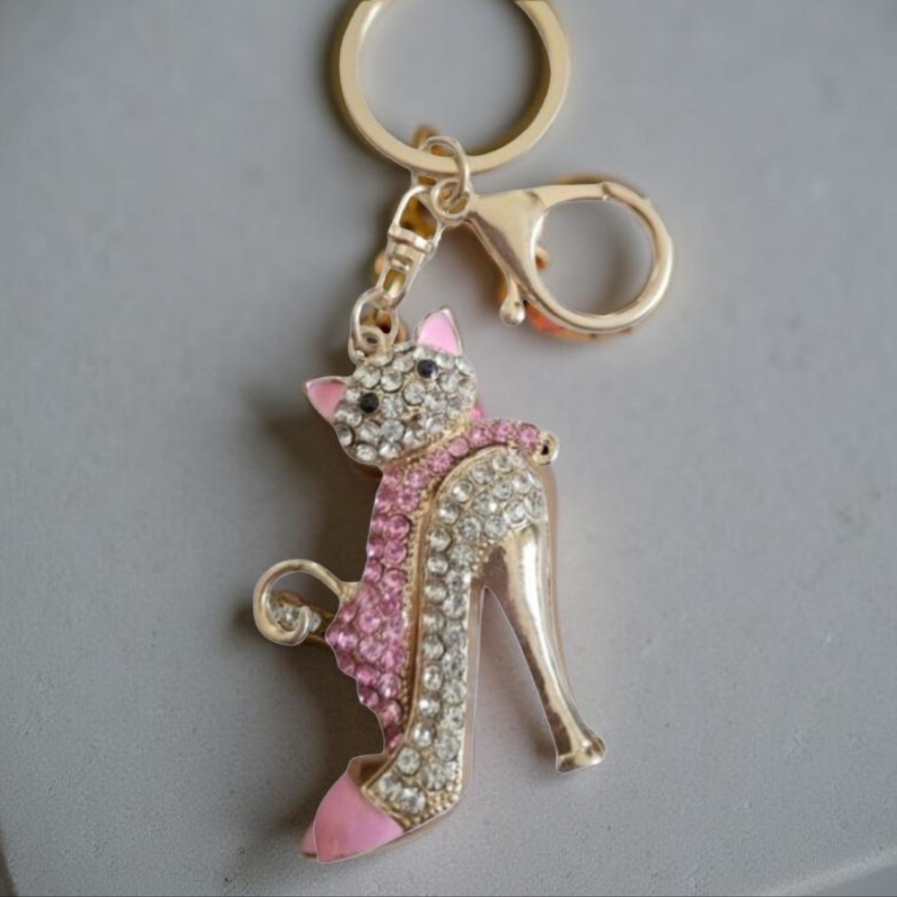 Cat High Heel Keychain Bag Charm Gold and Pink